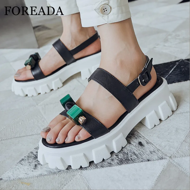 

FOREADA Woman Natural Genuine Leather Sandals Flat Platform Shoes Fashion Open Toe Sandals Buckle Strap Ladies Shoes Beige Black