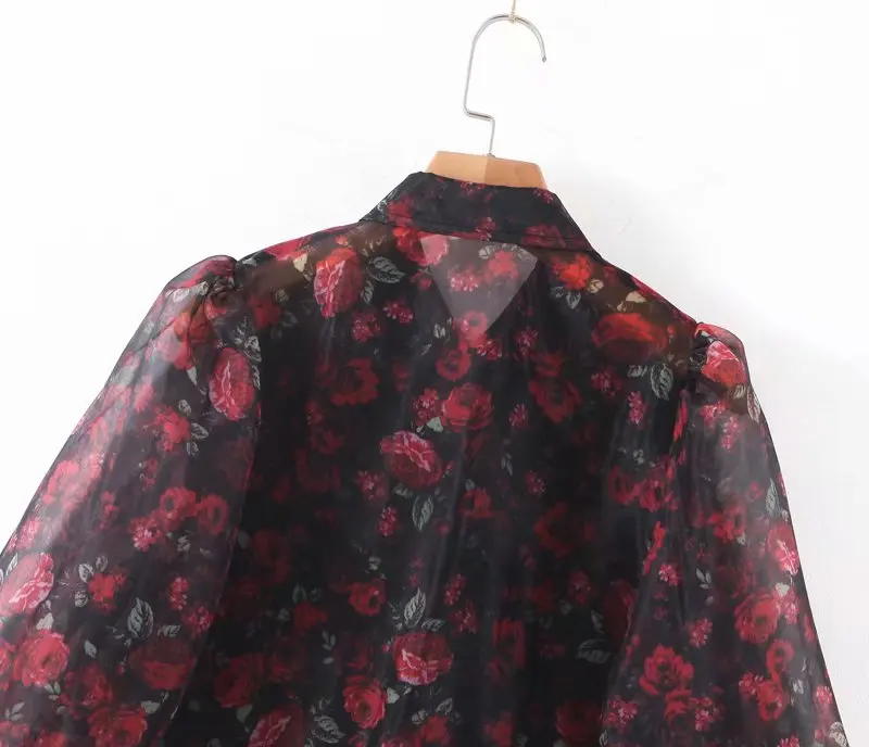 Vintage Stylish Floral Print Organza Blouse Women Fashion Lantern Sleeve See Through Sexy Female Shirts Blusas Chic Tops