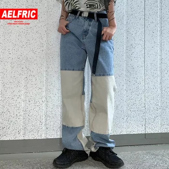 

Aelfric Women Straight Patchwork Hip Hop Jeans 2020 Harajuku Loose Trousers High Waist Streetwear Casual Cotton Harem Pants Blue