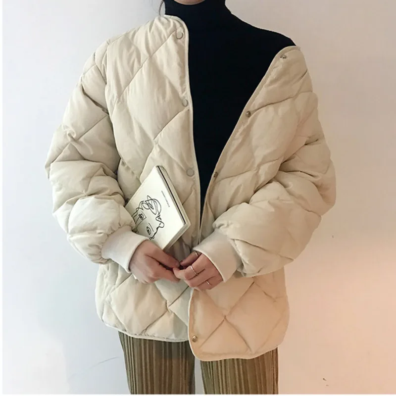 Winter Women Padded Jacket Diamond Lattice Thickening Solid Color Stand Collar Quilted Coat Short Loose Coat