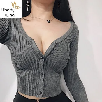 

Sexy Deep V Neck Female Crop Tops Fashion Single Breasted Womens Short Sweater Slim Fit Knitted Night Club Long Sleeve Cardigan