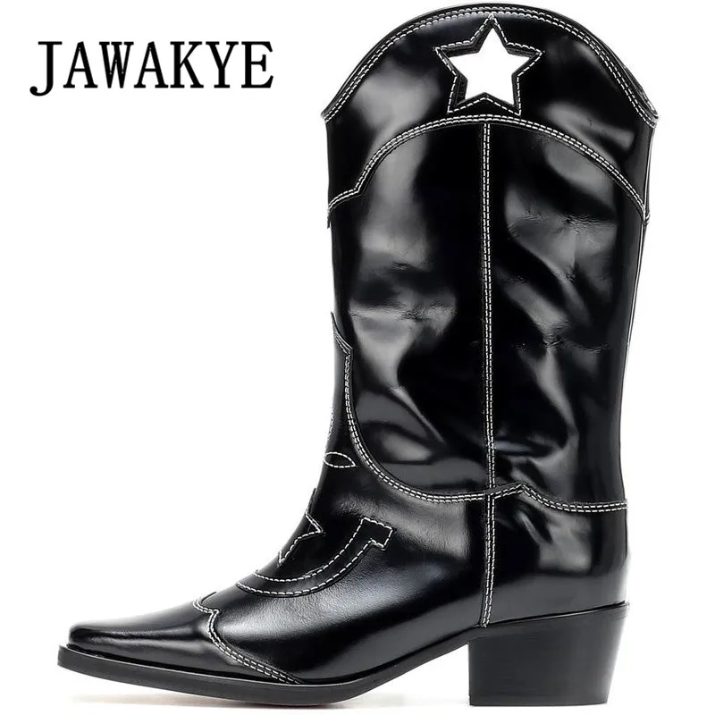 

Black Cut Out Embroidery Knight Boots Square Toe Western Style Genuine Leather Mid Calf Boots Women 2019 Stylish Winter Boots