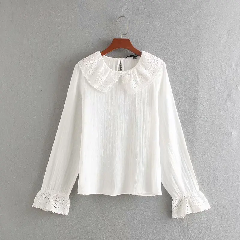 

Solid Women Hollowing Embroidery Splicing Shirt 2019 Autumn Leisure Lady Long Sleeve Blouse Loose Tops S6371