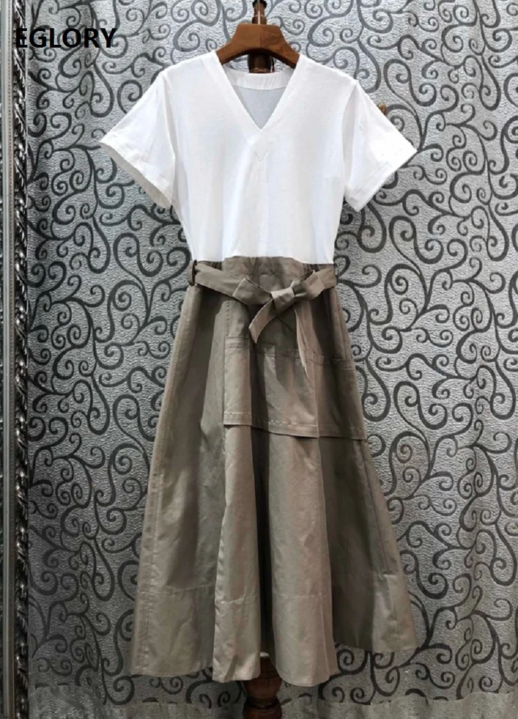 

100%Cotton Dress 2020 Spring Summer Fashion Style Women V-Neck Color Block Patchwork Short Sleeve Large Swing Casual Dress Belts