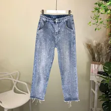 Мода, Осенние тяжелые свободные джинсы, женские винтажные джинсовые штаны с высокой талией и карманами, однотонные прямые штаны-шаровары