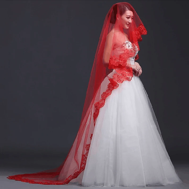 Женская 150 см Свадебная короткая фата белая Однослойная кружевная Цветочная кромка платье с вышивкой цвета слоновой кости красный без гребня