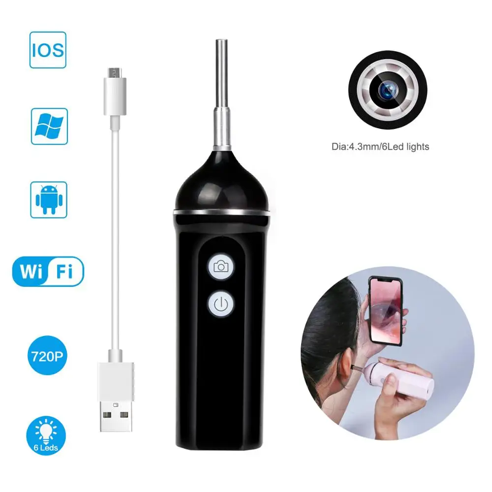 Dodosee 4,3 мм беспроводной ушной эндоскоп Wifi ушной прицел камера USB ушной очиститель инструмент 6 светодиодный для IOS Android PC ушной очиститель эндоскоп