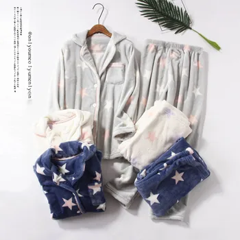 

New Flannel Warm Pajamas For Women 2 Pieces Thicken Winter Pajamas Female Sleepwear Long Sleeve Femme Home Service Pijamas