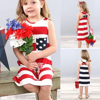 

4th Of July Mommy＆Me Baby Girl Family Summer Sleeveless Vest American Flag Kids Dresses For Girls Clothes