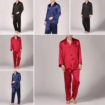 

Nightwear Men Black Simulation Silk Pajamas Autumn Winter Long Sleeve Solid Color Set Large Size Home Wear Sleepwear