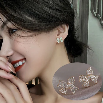 

Cute Bowknot Crystal Stud Earrings For Women Gold Color Korean Fashion Jewelry Wholesale 2020 Trendy Accessories Girls Earring