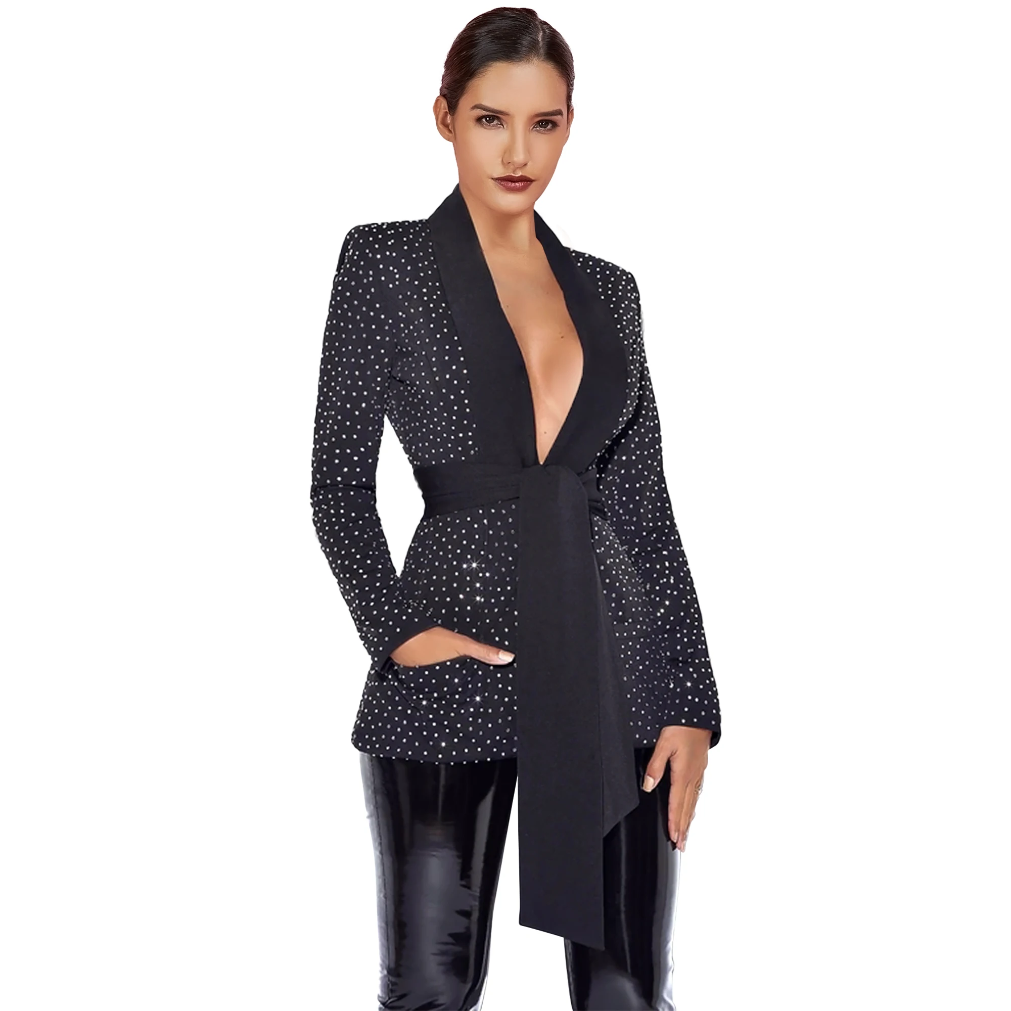 Ocstrade черный V шеи с длинным рукавом Мини галстук Стразы Bodycon куртка FLY19245-Black |