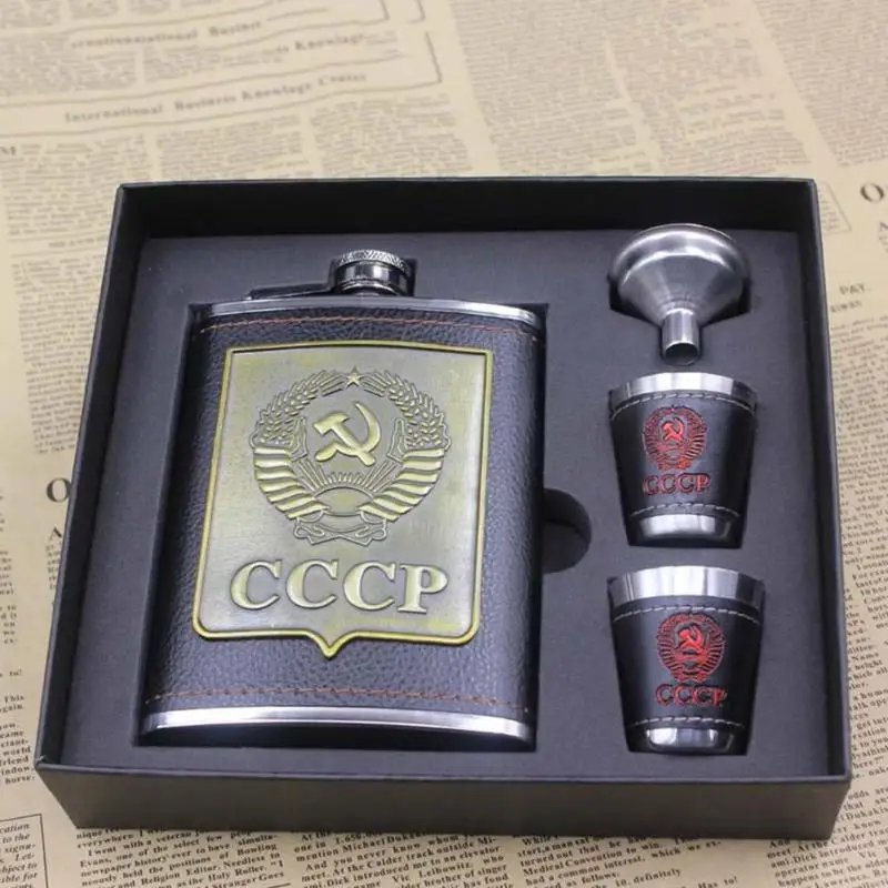 8oz Luxury Stainless Steel Alcohol Hip Flasks Vodka Whiskey Wine Bottle Cups Bottle Set CCCP Engraving Alcohol Container Flask