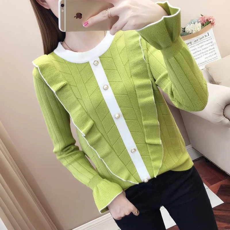 

Winter Clothes Women Ruffles Knitted Sweaters Pullovers Autumn Jumpers Sweater Female Pull Femme Flare Sleeve Korean Tops 2021