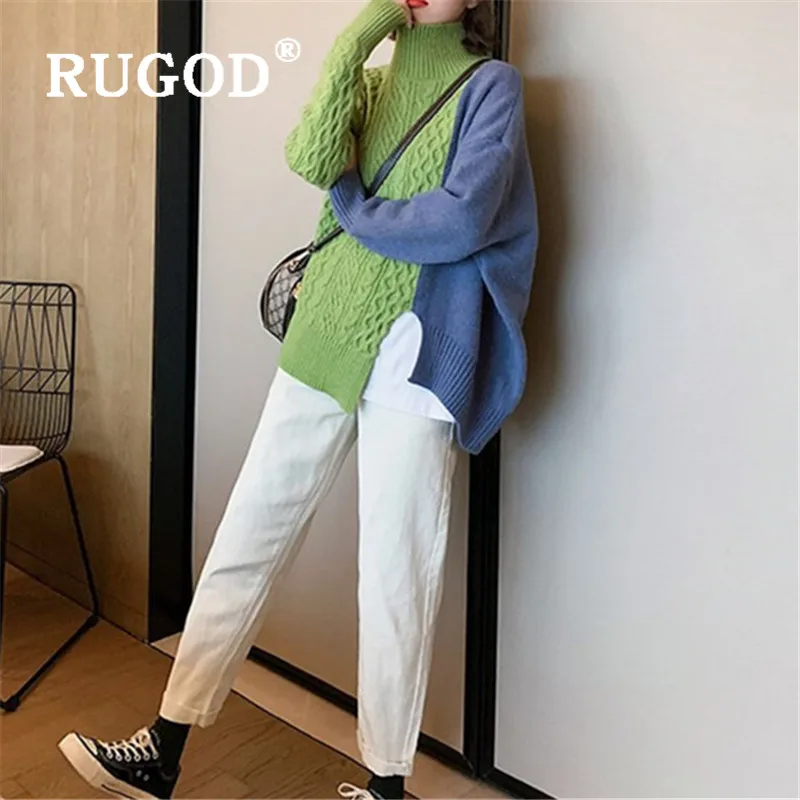 RUGOD, новинка, зимний женский корейский стиль, лоскутные цветные женские свитера, пуловеры, водолазка с разрезом, Свободный вязаный пуловер, Модный женский топ