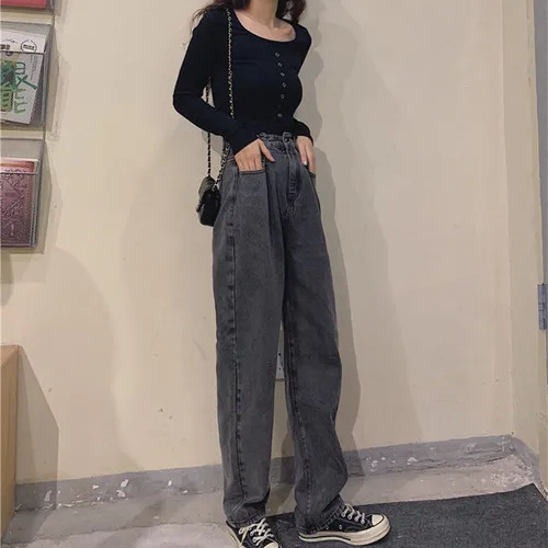 Корейские черные джинсы женская одежда простые с высокой талией свободные тонкие джинсы женские повседневные осенние длинные потертые однотонные джинсы женские