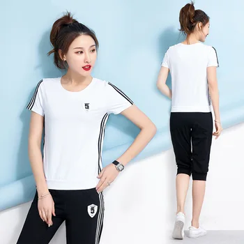 

summer women sportswear tracksuit stripe printed sweatshirt+pant running jogger fitness gym workout casual yoga set sport suit