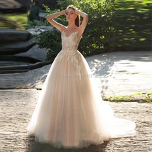 Шикарные Свадебные платья из тюля с кружевной аппликацией трапециевидной формы, свадебные платья без рукавов, свадебное платье цвета шампанского