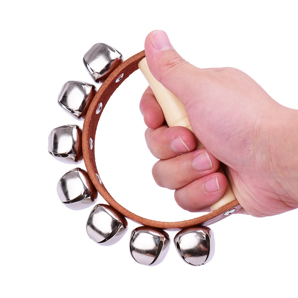 Tambourine Handbell Muscial Instrument 9 Jingle Bells Percussion with Wood Handle Children Toy