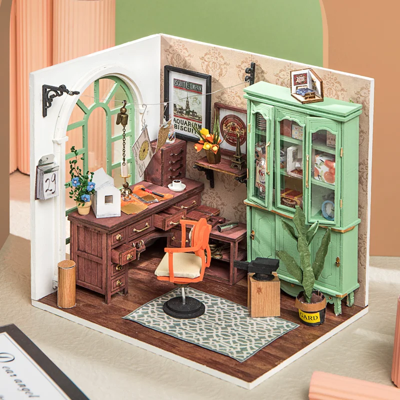 ROBOTIME DIY hölzernes Puppenhaus-Buchhandlungshaus mit Möbel-Miniatur führte 