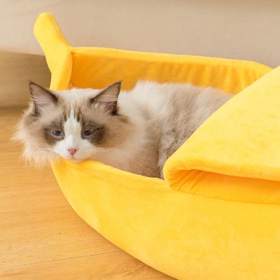 Милая теплая кровать для питомца в форме банана, кожура, домик для кошки, милый вид, банан, кошка, кровать и котята, мягкая подкладка, кровати и диваны