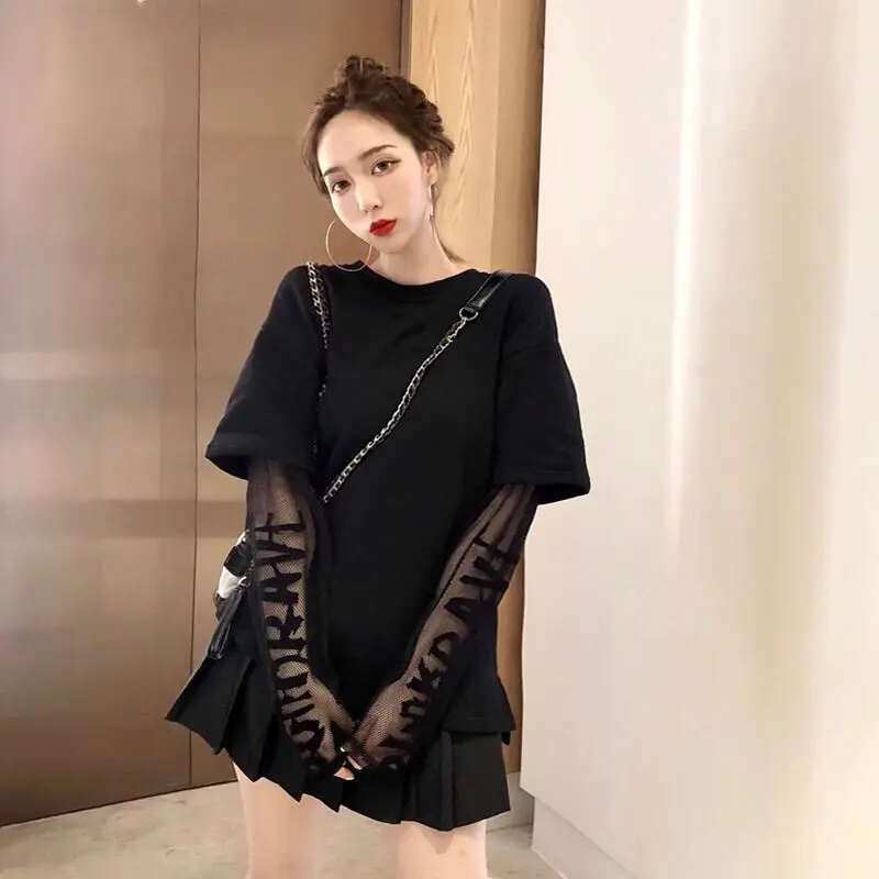spring autumn new patchwork mesh letter Fake two pieces long sleeve top loose black T-Shirts hot moda feminina Women's Clothing