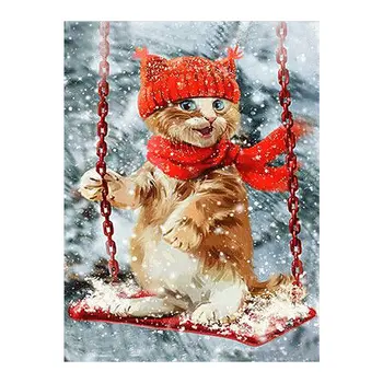 

Cat on a swing on a snowy day Diamond Painting Round Full Drill Cartoon Animal DIY Mosaic Embroidery 5D Cross Stitch home decor