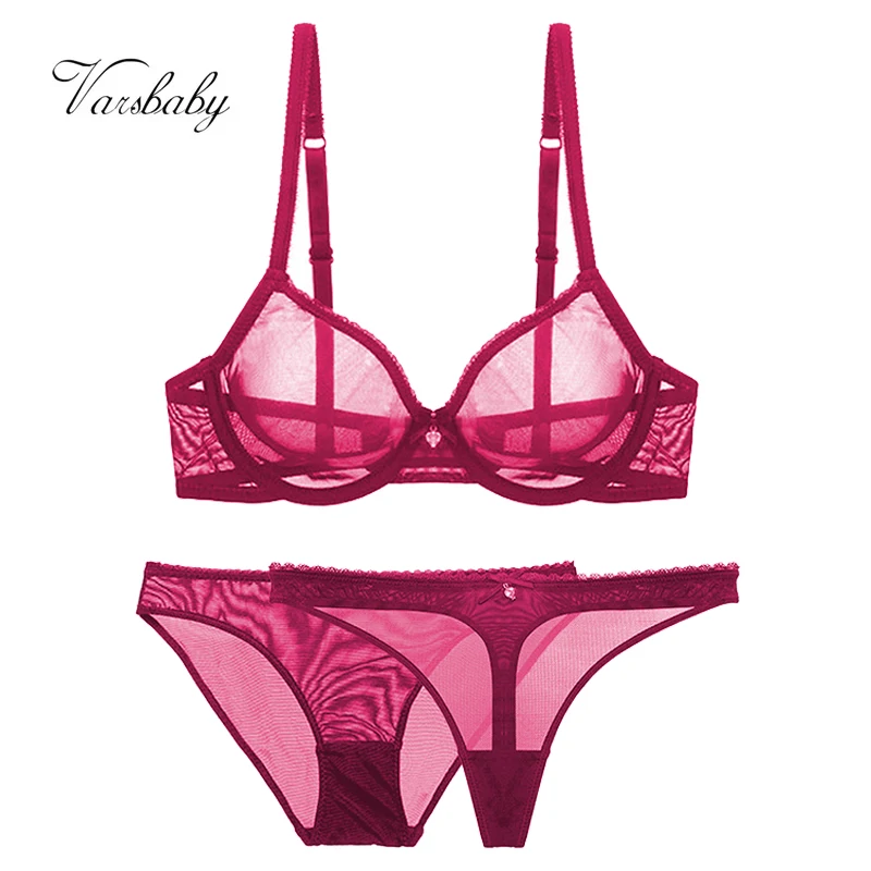 Women lingerie set women underwear set sexy bra set Varsbaby Sexy Mesh Lace Underwear Transparent Unlined 1 Bra+2 Panties Bra Set Plus Size 32-42CDE plus size