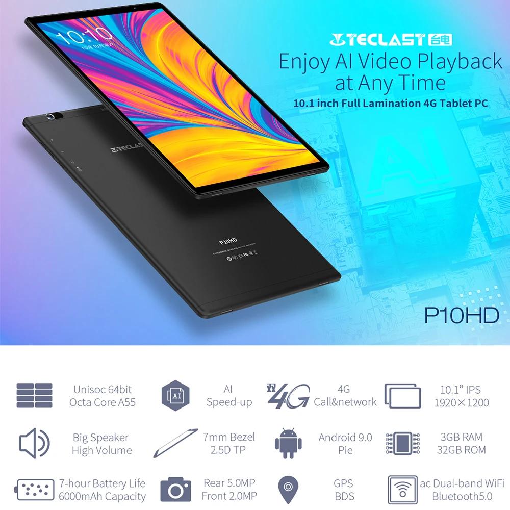 Teclast P10HD, 4G, Восьмиядерный планшетный ПК, 3 Гб ОЗУ, 32 Гб ПЗУ, IPS1920* 1200 SIM, Android 9,0 OS, 10,1 дюймов, планшет, gps, 6000 мАч