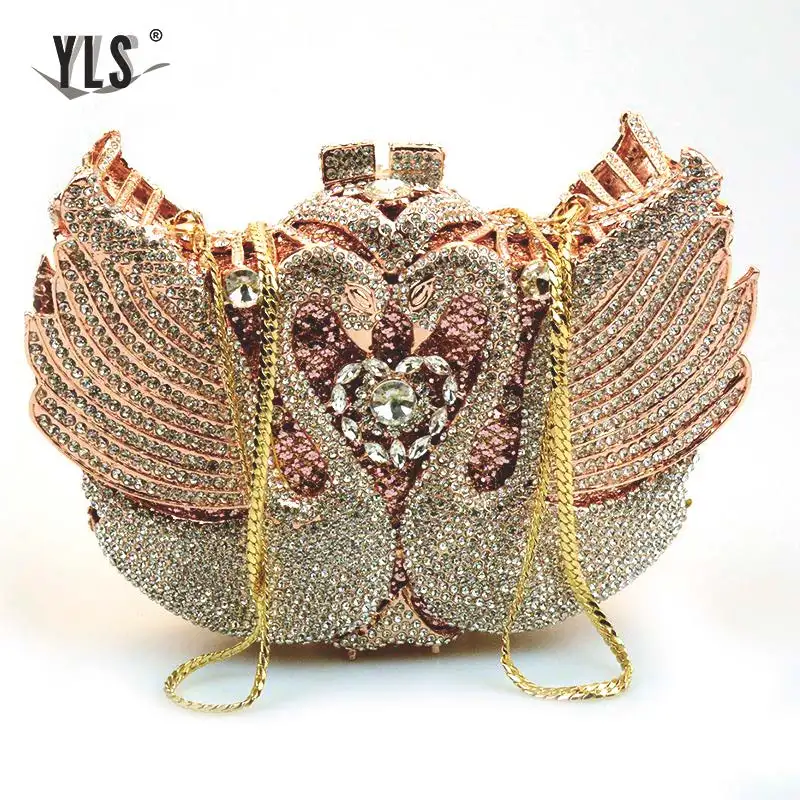 gold and white Модные роскошные сумки с кристаллами, дизайнерские стразы, лебедь, клатч для дам, кошелек, Свадебные вечерние сумки - Цвет: gold and white