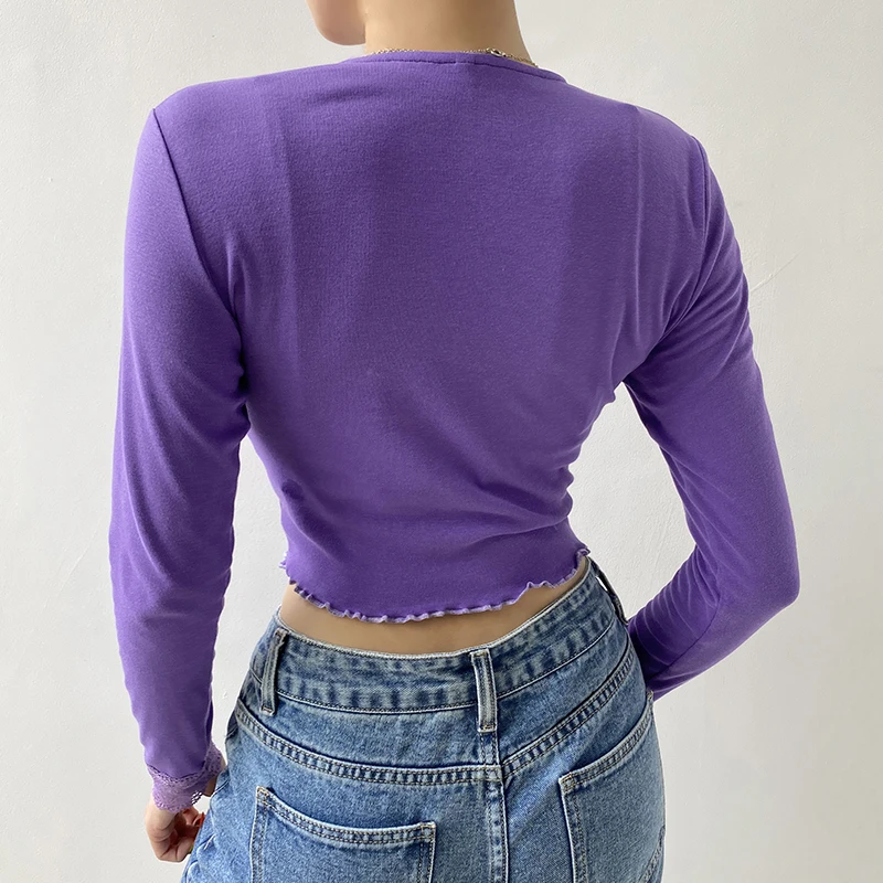 IAMSURE 2020 Autumn Fashion Lace Patchwork Women Cardigan Blouses Sexy V-Neck Fitness Aesthetic 90s Crop Top Shirt Streetwear