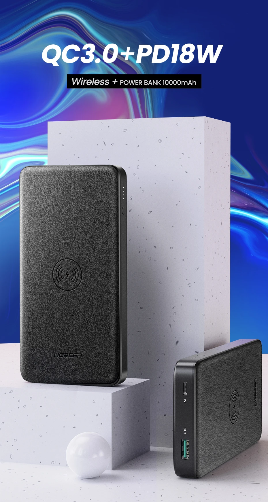 Ugreen power Bank 10000 мАч портативное быстрое зарядное устройство Быстрая зарядка 4,0 3,0 QC3.0 Qi Беспроводная зарядка для iPhone 11 Xs 8 PD повербанк