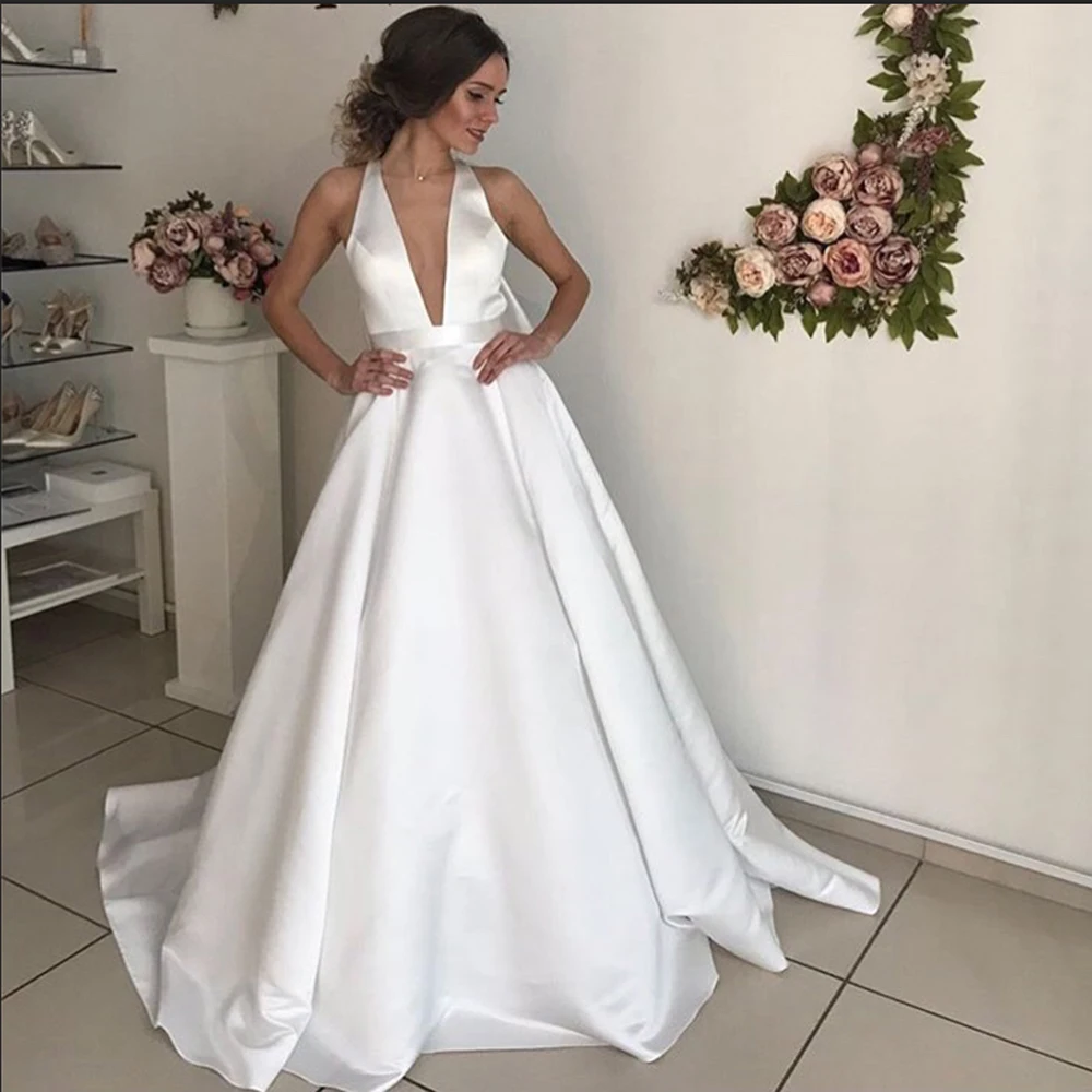 simple satin v neck wedding dress