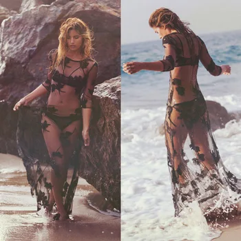 

Cover Up Beach Woman Beach Dress Pareo Saida De Praia Women's Swimwear Women Bikini Cover Up Lace Long Sleeve Acetate Floral