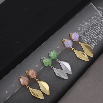 

European and American style high fashion inlay natural stone gold leaf metal texture elegant temperament earrings female