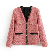Новинка года, винтажные шикарные твидовые блейзеры, женские модные с v-образным вырезом, с длинными рукавами и карманами, женская верхняя одежда, повседневная casaco femme