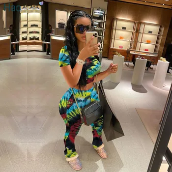 

HAOYUAN Tie Dye Two Piece Set Women Tracksuit Summer Club Outfits Crop Top Stacked Pants Sweat Suit Lounge Wear Matching Sets