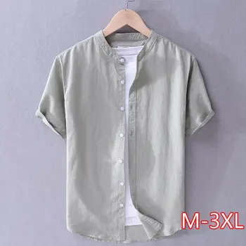 

New arrival brand linen shirts men summer solid yellow shirt mens fashion casual stand collar shirt male plus size camiseta