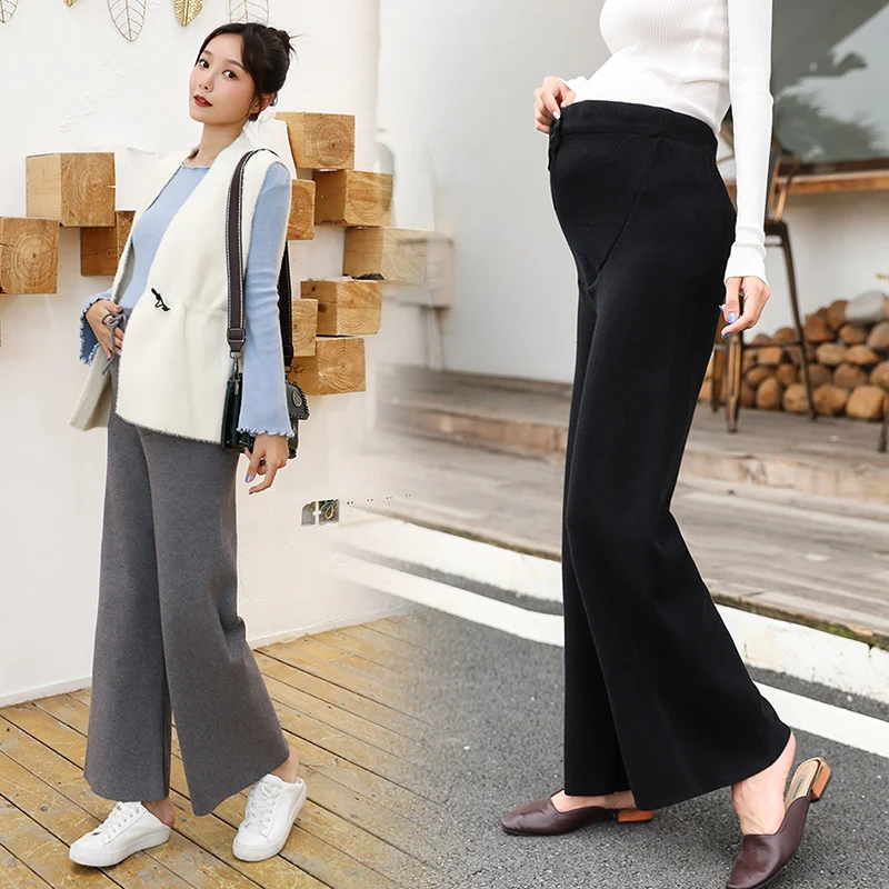 

688# Wide Leg Loose Thick Warm Knitted Maternity Pants Autumn Winter Elastic Waist belly Pants Clothes for Pregnant Women Casual