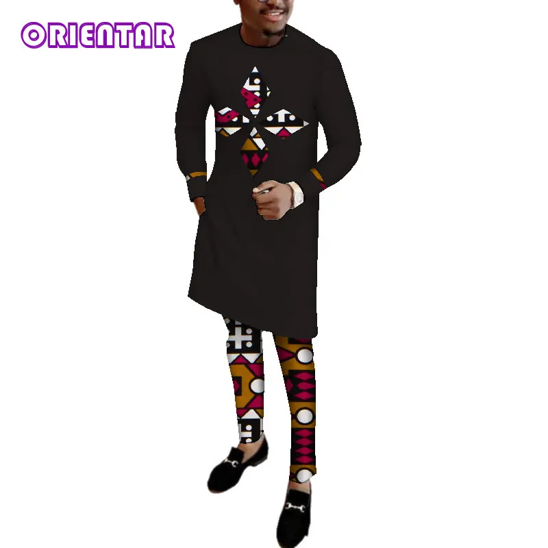 Африканская одежда для мужчин с длинным рукавом рубашка и брюки набор Базен Riche Африканский принт Лоскутные хлопковые топы брюки Мужской комплект WYN513