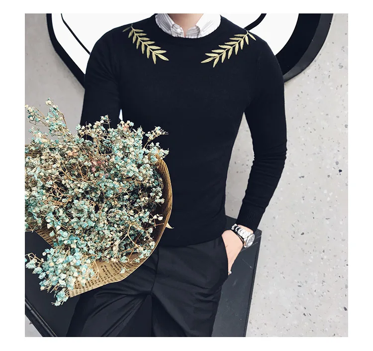 Embroidery Male Sweaters For Men Camisolas Homens Black White Grey Brown Stylish Slim Fit Elegant Sweater Hombre Kazak Erkek