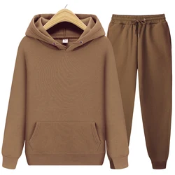 Survêtement 2 pièces pour homme et femme, sweat à capuche, décontracté, couleur unie, pull épais et pantalon Long, tenue de sport, automne 