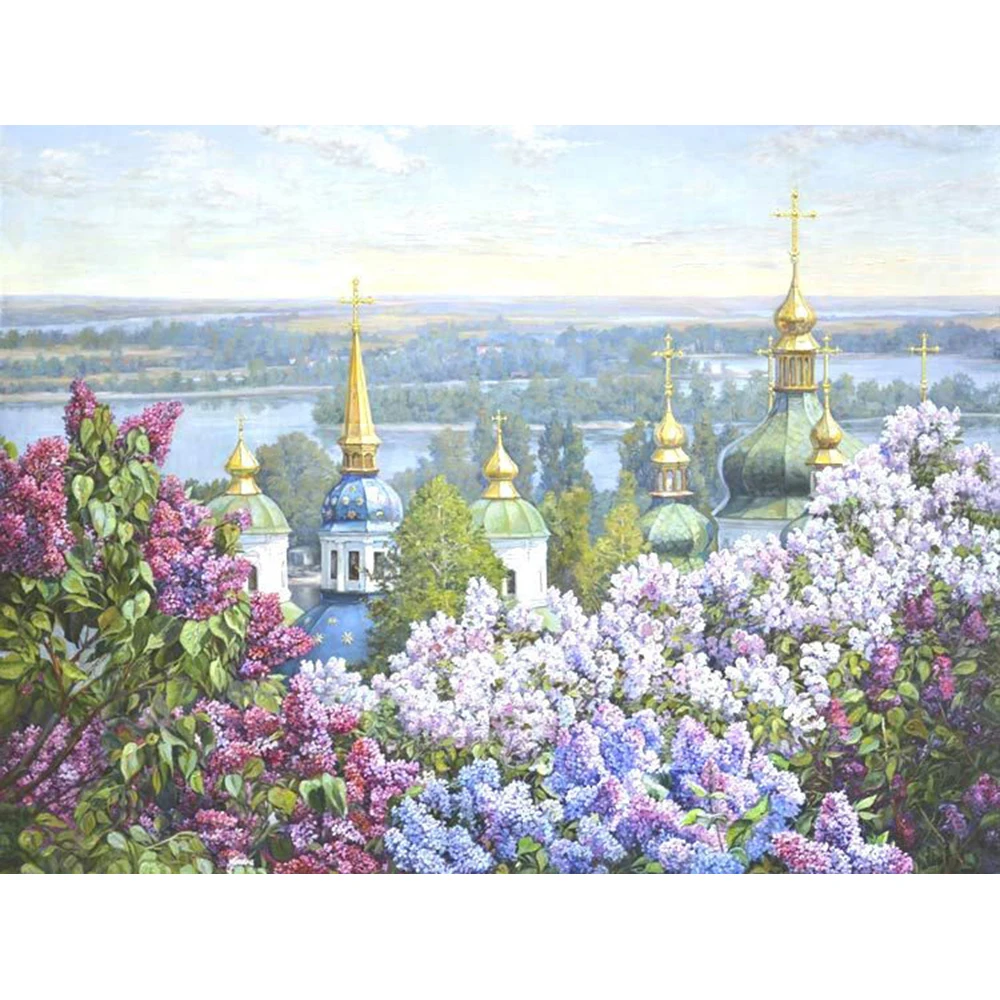 5D Diamond Embroidery Landscape Lilac Building Full Square Painting Scenery Cross Stitch Beaded Mosaic Wall Decor a1800 | Дом и сад