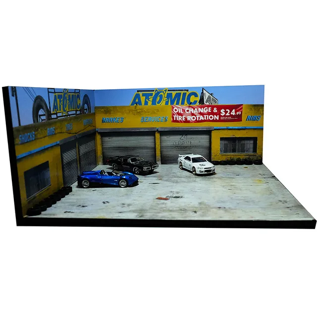1/64 Scale Garage Tire Repair Shop Factory Warehouse House Building Model for Car Vehicle Toys Collectible Sence Decoration Show 1