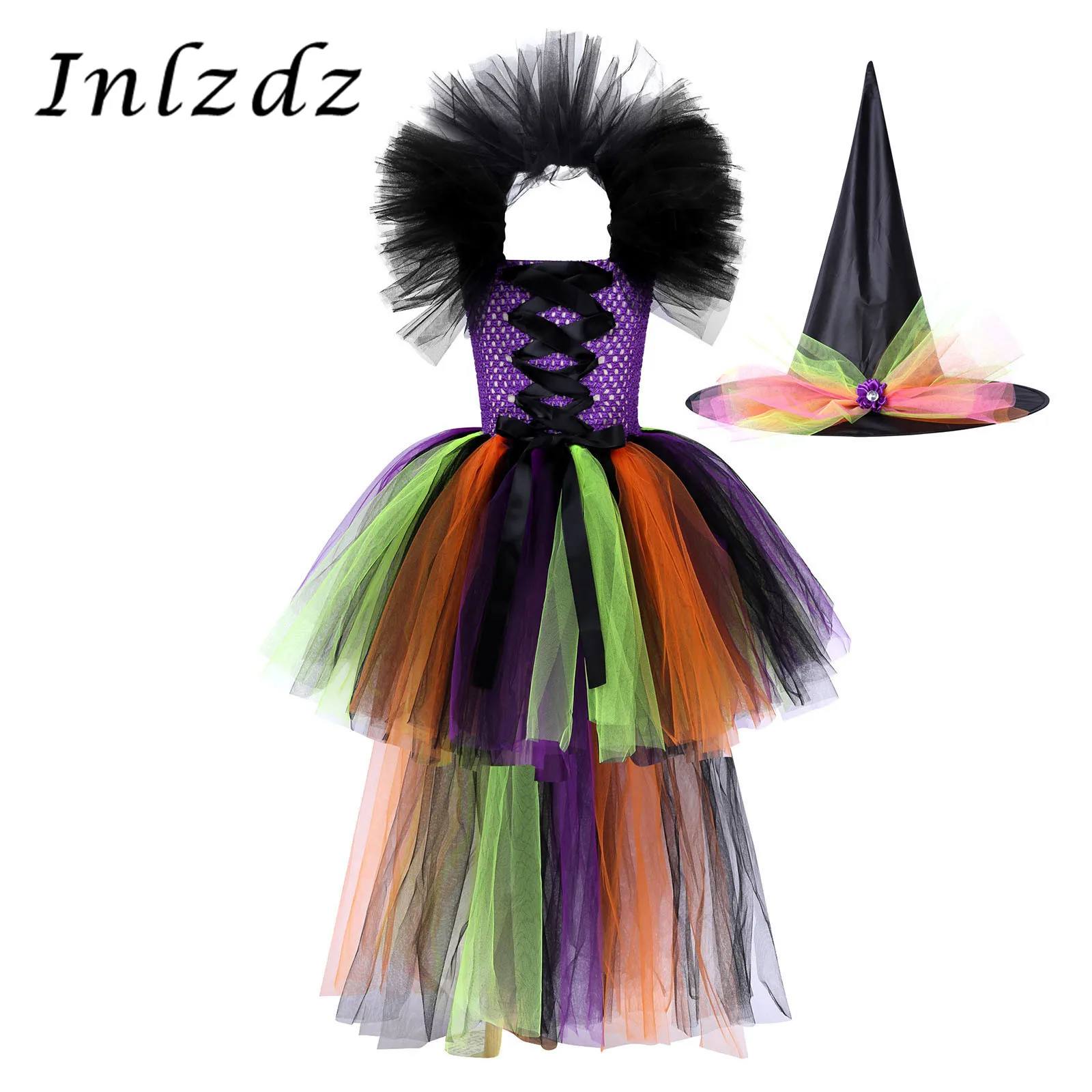 

Kids Girls Halloween Wizard Carnival Cosplay Costume Christmas Crochet Top Bodice High-Low Hem Tutu Mesh Skirt Witch Dress Up