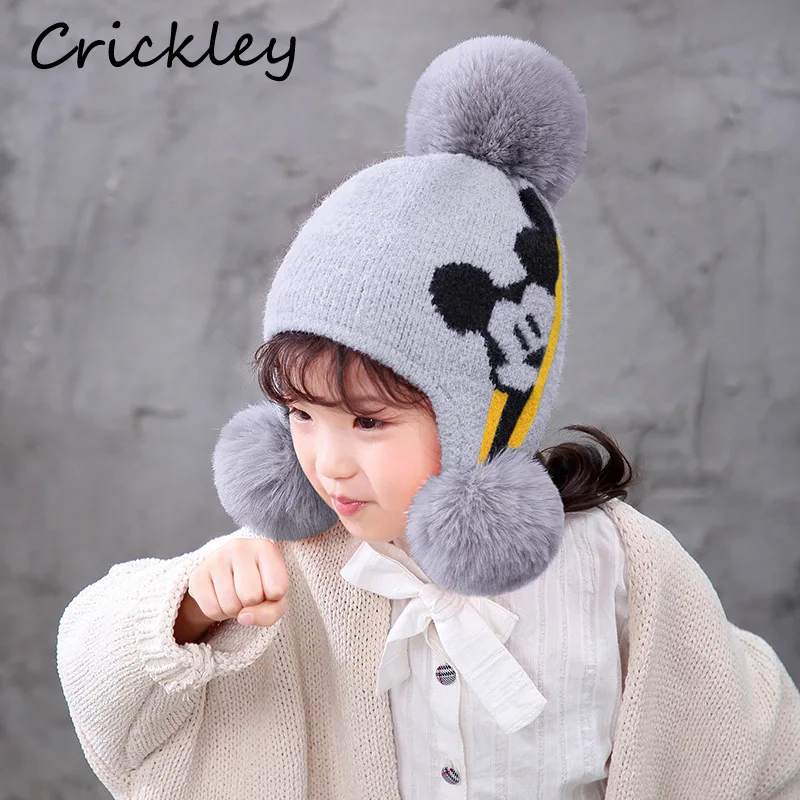 Детская шапка с рисунком Микки из мультфильма Меховые помпоны вязаная для От 3 до