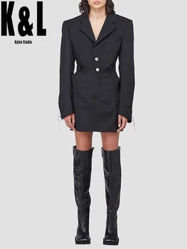 

Niche Street Classic Silhouette High Waist Slimming Pleated Tassel Design Black Suit Dress 2020 Autumn And Winter New Women's