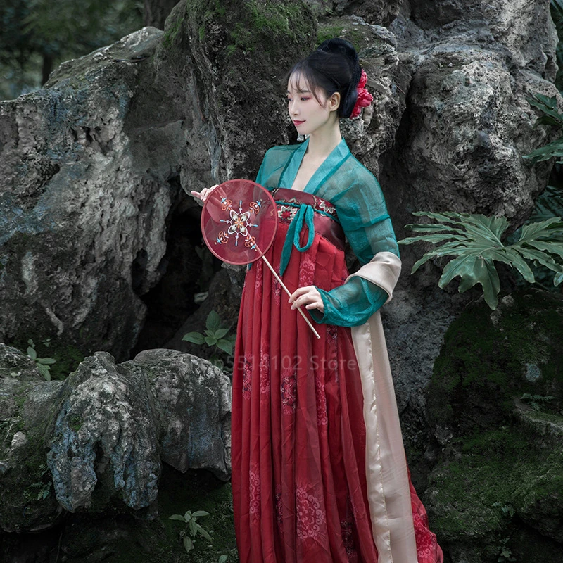 Традиционный китайский народный танцевальный костюм, шикарное платье Hanfu для женщин, праздничный сказочный костюм для выступлений на сцене, комплект из топа и юбки