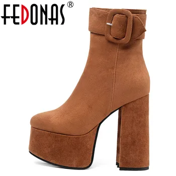 

FEDONAS Sexy Women Super High Heels Flock Chelsea Boots Winter Warm Women Zipper Ankle Boots Flats Platform Big Size Short Boots