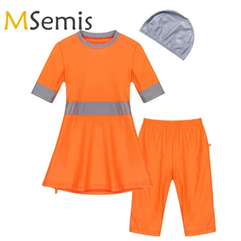 

Kids Girls Swimsuit Vibrant Color Muslim Short Sleeve Swimsuit Tops with Shorts Swimming Cap Set Swimwear Children'sBathing Suit